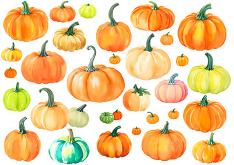 set of watercolor pumpkins isolated on white background, autumn, Halloween, harvest, Thanksgiving, decor clipart