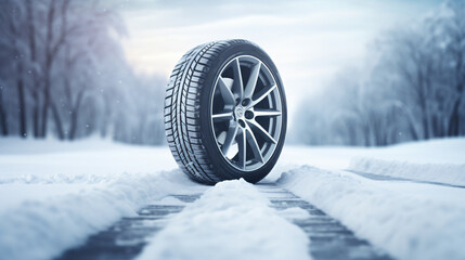 Winter tires in the snow as panorama car safety concept - Generative AI - obrazy, fototapety, plakaty