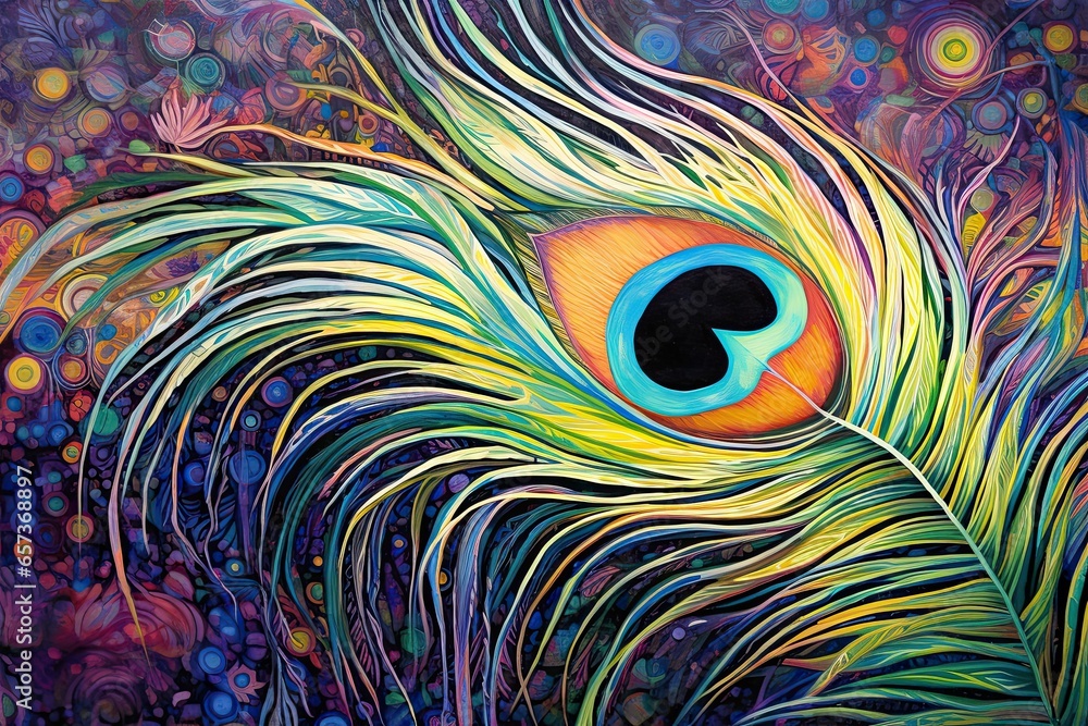 Poster abstract peacock feather: grand scale iridescent colors and intricate patterns, generative ai