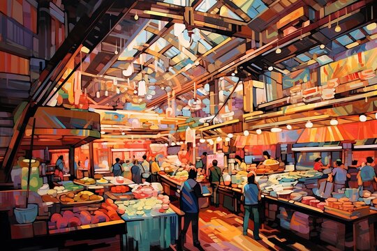 Vibrant Colors and Dynamic Lines: Abstract Portrayal of a Bustling Seafood Market in Tokyo, generative AI