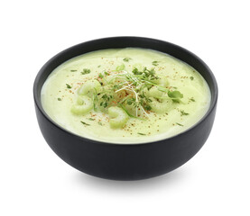 Bowl of delicious celery soup isolated on white