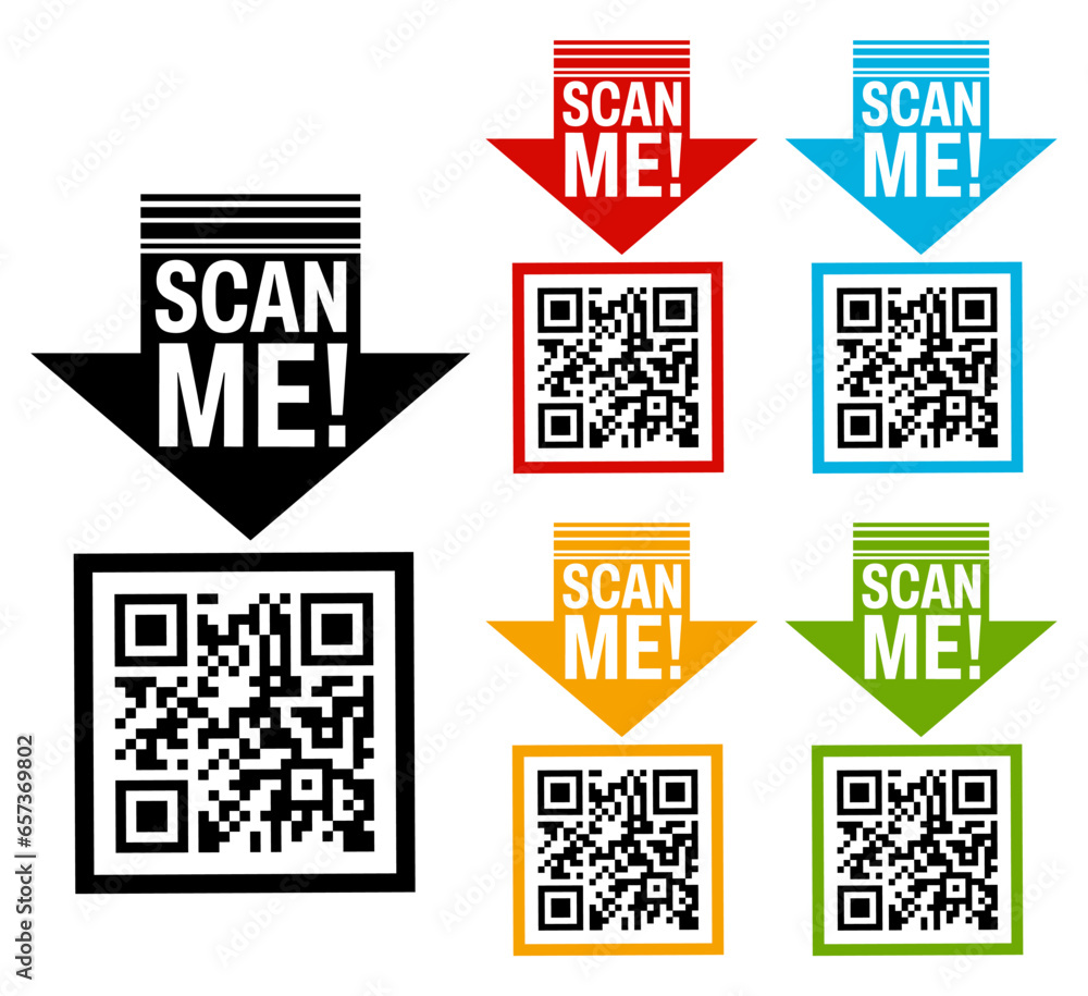 Poster set collections scan me qr code trendy colorful flat icon. barcode design template vector illustrati