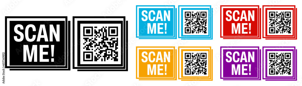 Poster set collections scan me qr code trendy colorful flat icon. barcode design template vector illustrati