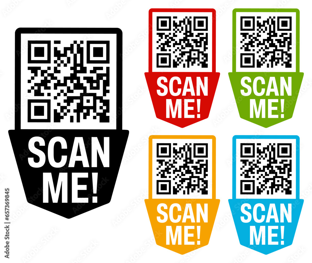 Poster set collections scan me qr code trendy colorful flat icon. barcode design template vector illustrati