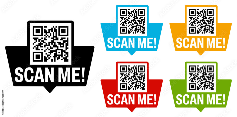 Poster set collections scan me qr code trendy colorful flat icon. barcode design template vector illustrati