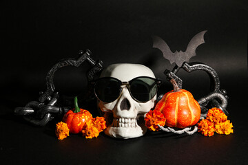 Halloween skull with sunglasses, pumpkins and shackles on black background
