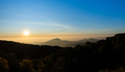 Scenic view of Mountains against sky during sunrise. Countryside landscape view background.