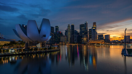 Landscape view of Singapore business district and city at twilight. Singapore cityscape at dusk...