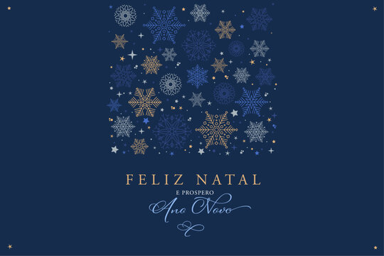 Banner de Feliz Natal e Feliz Ano Novo com estrelas e cristais de neve em quatro cores, dourado, cinza claro, azul e azul claro. Recurso gráfico vetorial.
