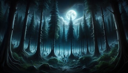 Scary dark fantasy forest under the moon