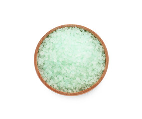 Wooden bowl with turquoise sea salt isolated on white, top view