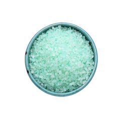 Bowl with turquoise sea salt isolated on white, top view