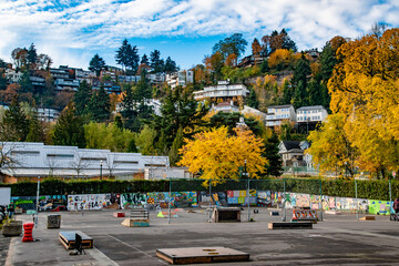 Portland, OR West Hills Skyline With Houses Amidst Vibrant Fall Colors