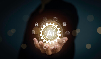 Businessman use software technology AI for business, smart robot automation system, chat bot...