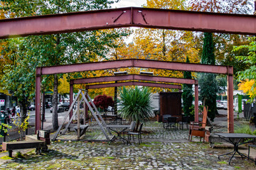 Steel Structure over Garden Plaza During Fall in Downtown Portland, OR