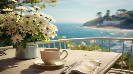 cup of coffee on the terrace with sea in the background Created with AI