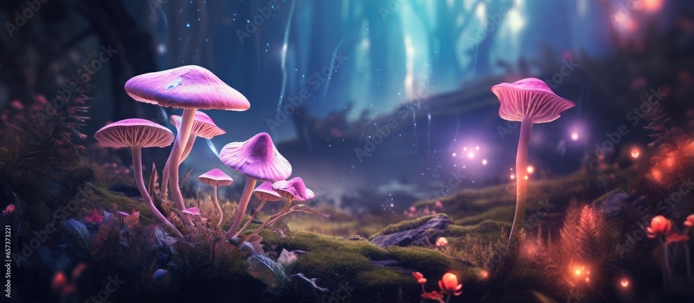 Wall mural Enchanting forest with magical mushrooms butterflies blooming roses and glowing moon rays in a fairy tale setting