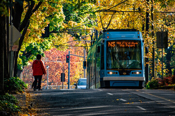 Downtown Portland, OR Shuttle Train Going Down Street With Fall Colors