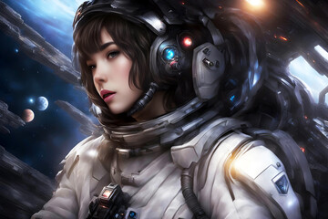 Portrait of a young female spacecraft crew member in a protective space suit on a spaceship, generative AI. - obrazy, fototapety, plakaty