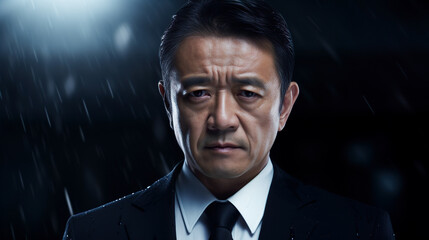 夜の雨の中悲しむスーツ姿の男性