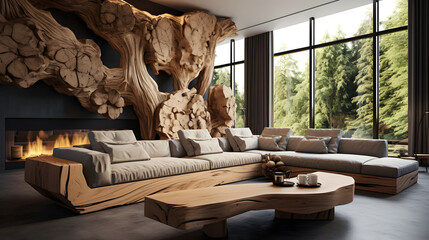 Interior Design Natural Wood Theme, Generative AI