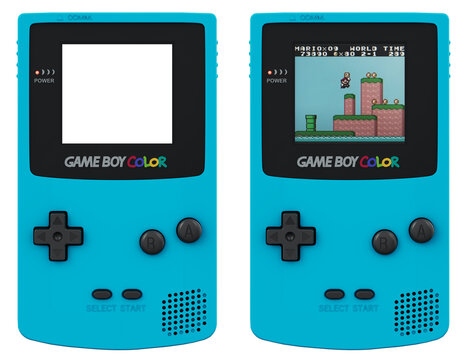 Teal Game Boy Color with Super Mario 2 gameplay