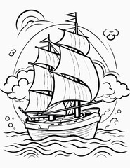 Cute kawaii ship coloring page for kids with saliboat on the waves, Cartoon vector illustration,