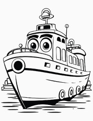Cute kawaii ship coloring page for kids with saliboat on the waves, Cartoon vector illustration,