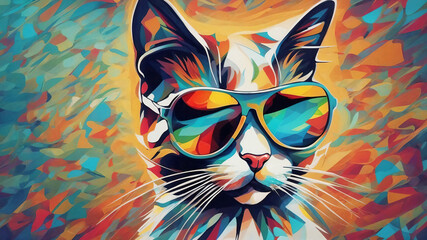 a cat wearing sunglasses with a colorful background, abstract art