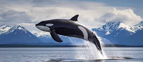 Keuken foto achterwand Orca Kamchatka s orca performing impressive leap in Northwest Pacific With copyspace for text