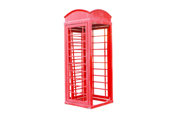 Old Red phone booth isolated on cut out PNG. Public telephone booth Designed by Sir Gilles Gilbert Scott, familiar symbol on UK road (red telephone box)