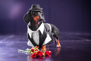 Elegant dancer dog dachshund in vest, hat stands on stage with neon lighting, looks gracefully...