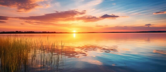 Beautiful sunrise or sunset over a lake with cloudy sky and reed grass in the foreground