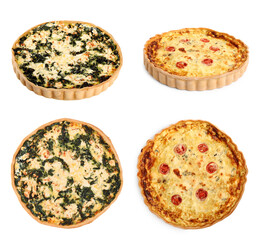 Different tasty quiches isolated on white, collage with side and top views