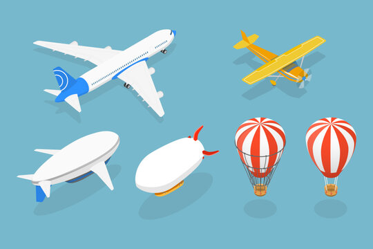 3D Isometric Flat Vector Set of Airships , Vintage Aviation Collection