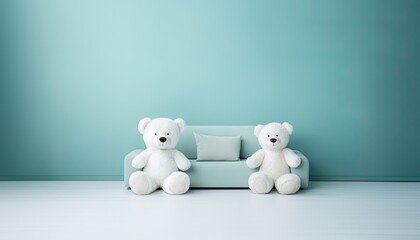 Backdrop for a young child studio photo, room with teddy bears and blue background
