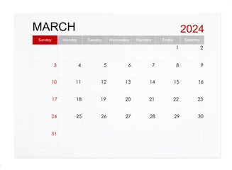The March 2024 monthly calendar page isolated on white background, Saved clipping path.