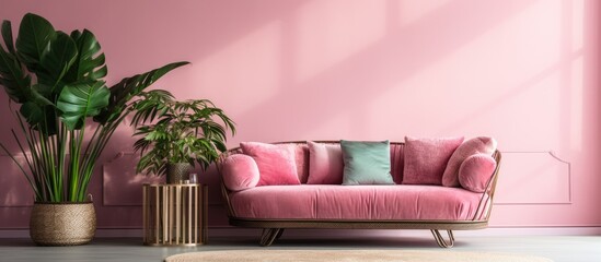 Botanic living room with metal furniture geometric carpet pink blanket and green pillow on sofa With copyspace for text