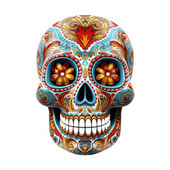 Ornately designed or painted Mexican skull for the day of the dead, dia de los muertos skull isolated on transparent background, AI