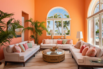 Step into a vibrant coral-colored living room oasis and immerse yourself in the serene atmosphere of this elegant, modern space filled with refreshing natural light