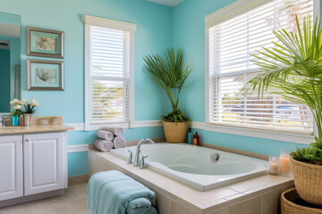 Fototapeta na wymiar Tranquil beach-themed bathroom with seashell decor and sandy tones, creating a coastal oasis inspired by the soothing ocean and coastal living.