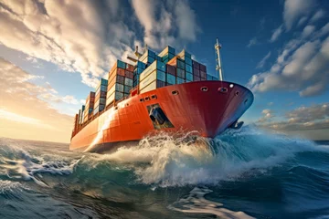 Foto op Canvas Big container cargo ship overcomes the big waves and sails to the port in the background of sea and beautiful sky. © cwa
