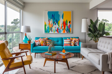 A Vibrant Mid-Century Modern Living Room with Iconic Design Elements, Cozy Ambiance, and Timeless Retro-Inspired Style.