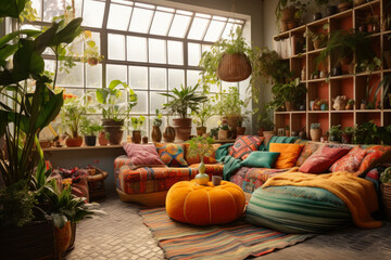 A Cozy and Vibrant Bohemian Living Room Interior with Eclectic Furnishings, Lush Greenery, and Warm Tones Creating a Relaxed and Inviting Atmosphere.
