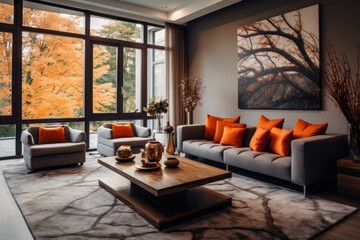 Inviting comfort and relaxation with warm and cozy living room interior featuring harmonious brown and orange colors, spacious seating, natural elements, and vibrant decor.