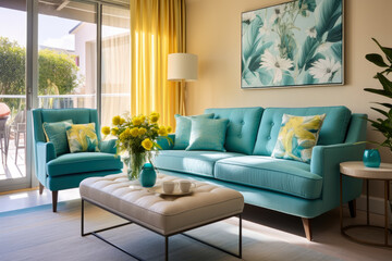 A Serene and Vibrant Living Room Interior with Refreshing Green and Blue Colors, Contemporary Textiles, and Natural Elements for an Inviting and Cozy Space