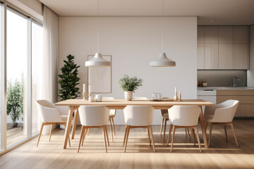 Elegantly minimalistic Scandinavian dining room with light wood accents, serene ambiance, and spacious layout, featuring clean lines, sleek finishes, organic textures, and functional furniture.