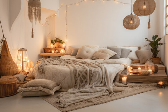 Create your own dreamy boho haven with a serene bedroom interior featuring cozy furniture, vibrant boho chic accents, and ambient lighting, complemented by natural light, earthy tones