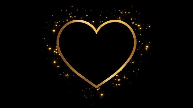 3d golden heart frame glowing and shiny particles, love and valentines day element on black background	