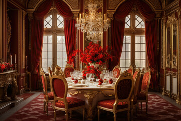 Fototapeta na wymiar Creating an opulent and lavish ambiance, this elegant dining room is adorned in rich red and opulent gold colors, featuring exquisite furniture, ornate lighting, a grand chandelier, stylish chairs